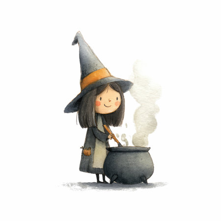 Delight in this whimsical watercolor illustration featuring a young witch happily brewing a potion in her cauldron, surrounded by magical charm.の写真素材