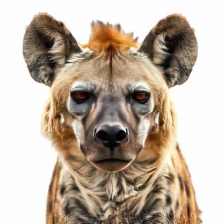 Close-up portrait of a hyena isolated on a white backgroundの写真素材