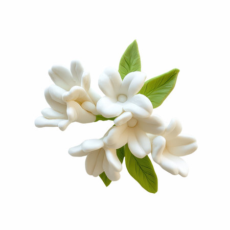 White jasmine flowers with green leaves isolated on white background.の写真素材