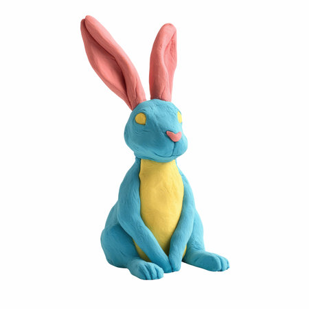 3D rendering of a colorful plasticine rabbit isolated on white backgroundの写真素材