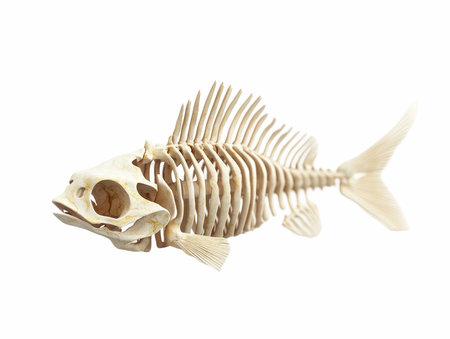 This image showcases a realistic fish skeleton isolated on a white background, ideal for educational purposes, art projects, and biological studies.の写真素材