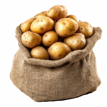 Potatoes in a burlap bag isolated on a white background.の写真素材