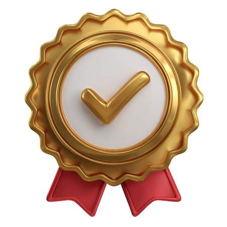 A stunning gold badge featuring a white center with a prominent check mark symbol, complemented by a red ribbon, perfect for representing achievement and success.の写真素材