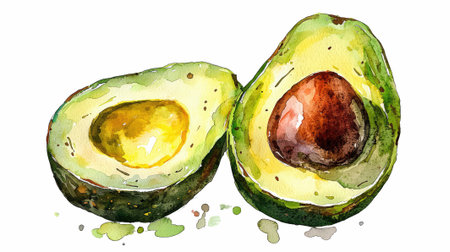 Watercolor illustration of two halves of avocado with seeds on white backgroundの写真素材