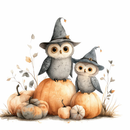 Delightful watercolor illustration featuring two adorable owls wearing hats amidst pumpkins and autumn plants, perfect for Halloween decor and seasonal art.の写真素材