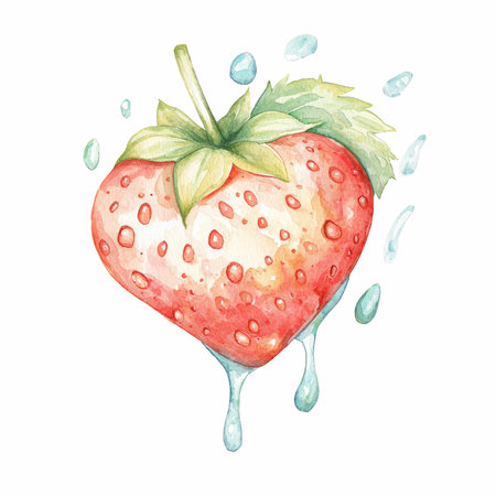 Watercolor illustration of a strawberry with splashes and drops on a white backgroundの写真素材