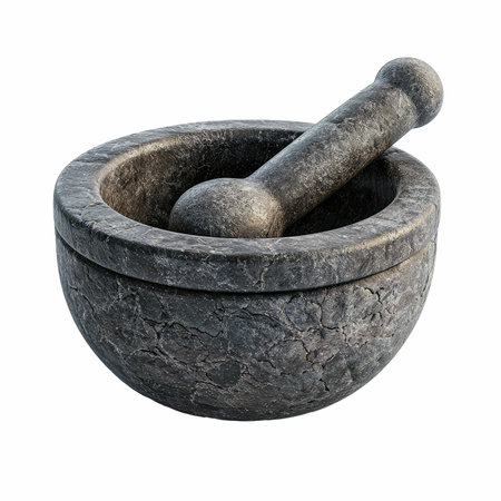Stone mortar and pestle isolated on white background with clipping path.の写真素材