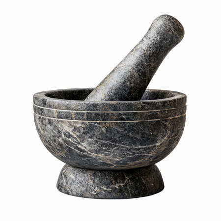 Stone mortar and pestle isolated on white background with clipping path.の写真素材