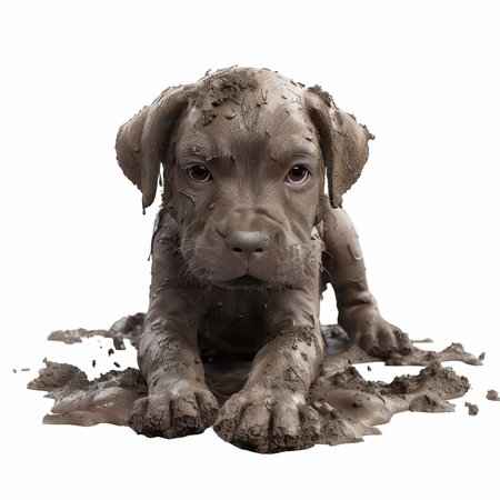 Labrador Retriever puppy playing in mud isolated on white backgroundの写真素材