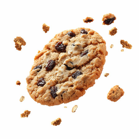 Delicious oatmeal cookie with raisins, isolated on whiteの写真素材