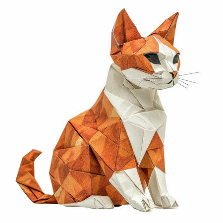Explore this stunning origami sculpture of a bicolor cat, featuring intricate folded paper art on a clean white background. Ideal for creative use!の写真素材