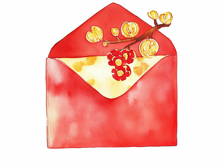 Watercolor illustration of a red envelope with a cherry blossom.の写真素材