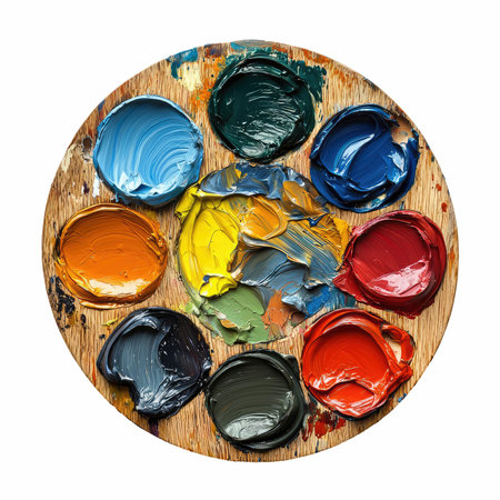 Colorful acrylic paint on a wooden palette isolated on white background.の写真素材