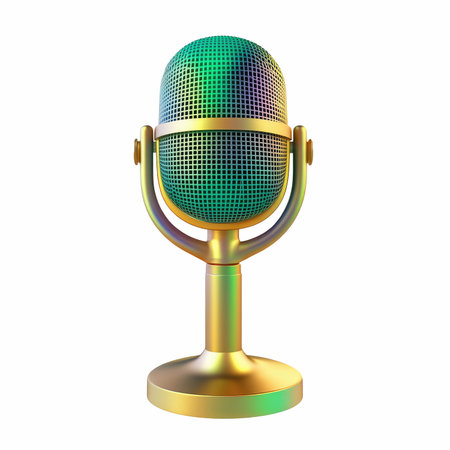 This vintage microphone featuring a holographic finish offers a colorful twist for creative projects. Ideal for art, music, and media themes, it enhances visual appeal and symbolizes sound expression.の写真素材