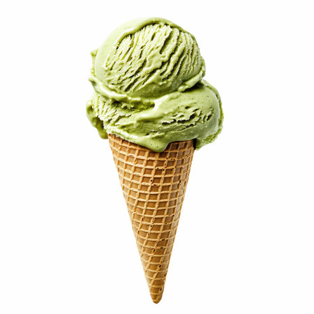 Green ice cream in waffle cone isolated on white background with clipping pathの写真素材