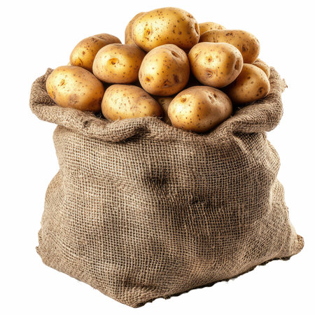 Potatoes in a burlap bag isolated on a white background.の写真素材