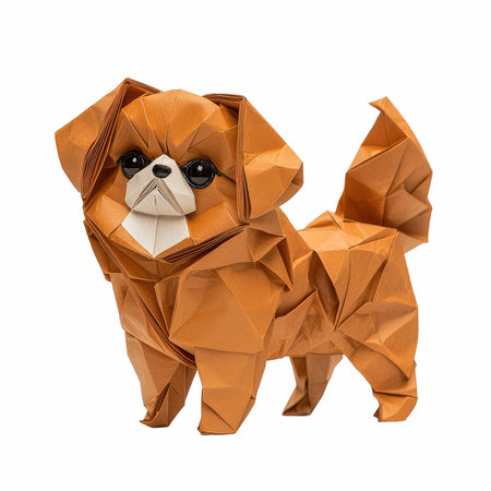 This exquisite origami dog features intricate folds and realistic details, showcasing a playful expression. Perfect for art lovers, hobbyists, and home decor.の写真素材