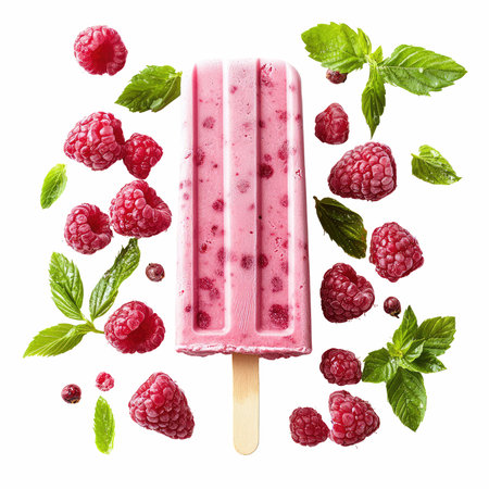 Ice cream with raspberries and mint leaves isolated on white background