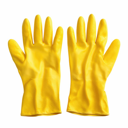 Bright yellow rubber gloves designed for household cleaning tasks, providing excellent protection and grip while tackling dirt and grime efficiently.の写真素材