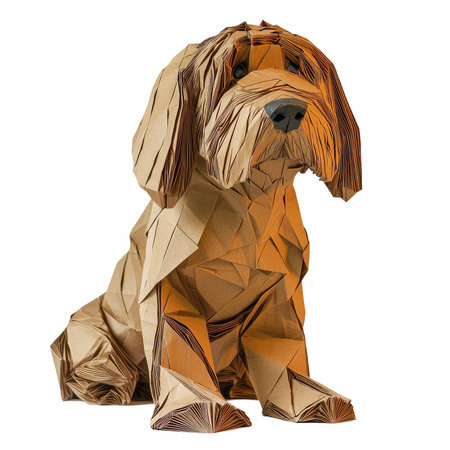 3D rendering of a dog made of paper isolated on white backgroundの写真素材