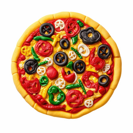 Pizza with pepperoni, olives and tomato on white backgroundの写真素材