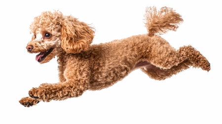 Cute brown poodle jumping isolated on white background with clipping pathの写真素材