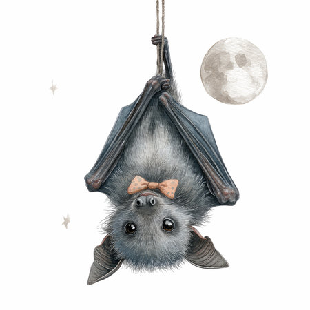 This adorable cartoon bat hangs upside down with a tiny bowtie, set against a whimsical nighttime scene with a glowing full moon.の写真素材