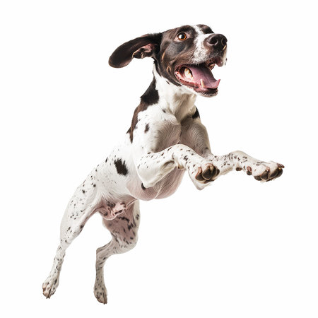 Funny dog jumping, isolated on a white background. Studio shot.の写真素材