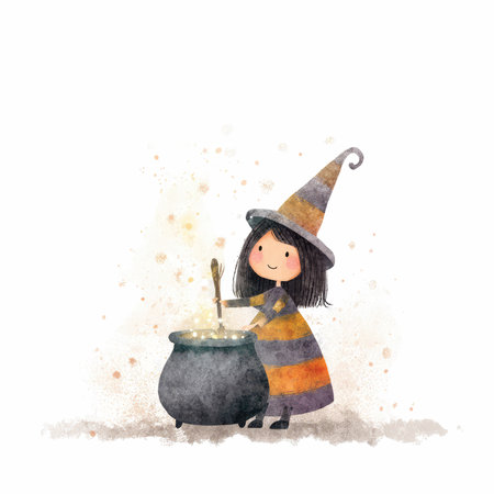 Delight in the charm of a cheerful little witch stirring a bubbling cauldron, clad in a colorful costume, exuding magic and playful fun.の写真素材