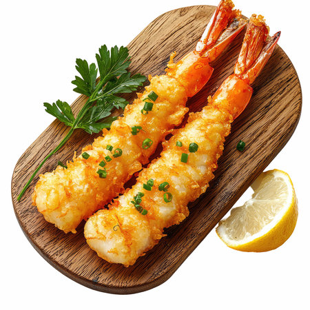 Fried shrimps with parsley and lemon isolated on white background