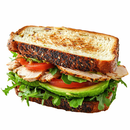 sandwich with chicken and vegetables isolated on white background, clipping pathの写真素材