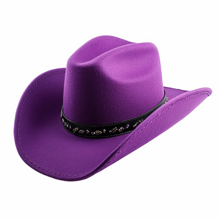 This vibrant purple cowboy hat captures attention with its unique design, perfect for fashion shoots or themed events against a pure white backdrop.の写真素材