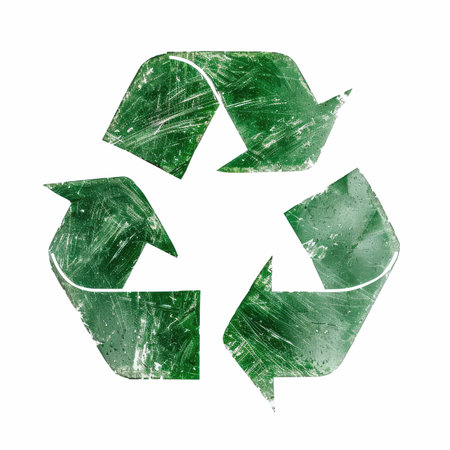 A prominent green recycling sign featuring circular arrows on a white background, symbolizing...