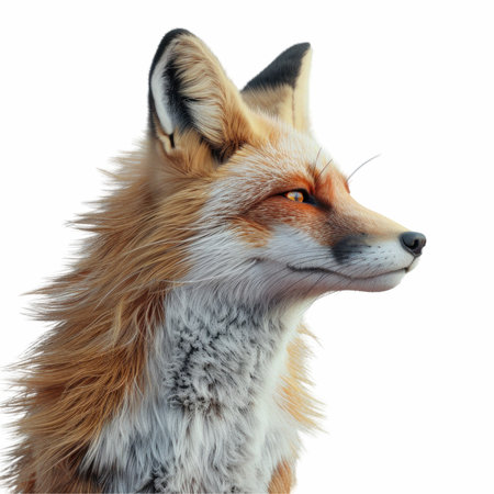 This photorealistic image features a majestic fox isolated on a clean white background, showcasing its brilliant fur, sharp eyes, and intricate details. Perfect for nature and wildlife themes.の写真素材