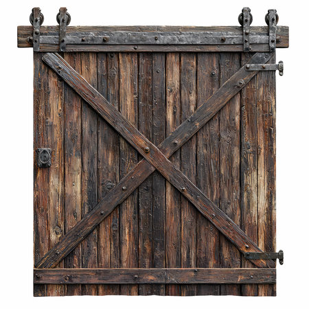 Old wooden gate isolated on white background. Clipping path included.の写真素材