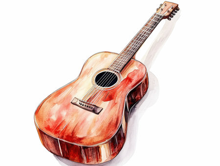 Acoustic guitar isolated on white background. Watercolor hand drawn illustrationの写真素材