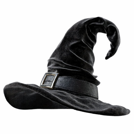 This black velvet witch hat features a curled tip and wide brim, making it perfect for Halloween costumes and themed events.の写真素材