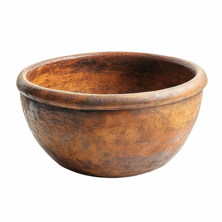 Old clay bowl isolated on white background. Clipping path included.の写真素材
