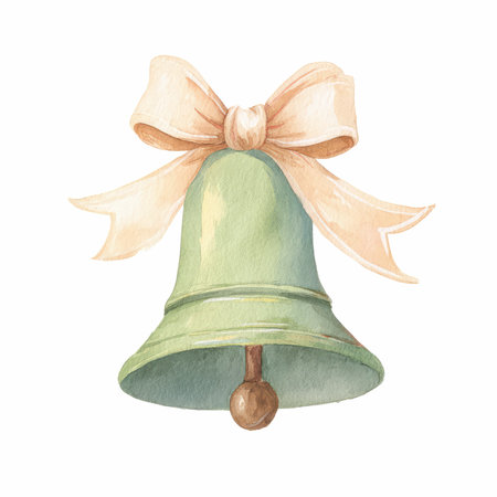 This hand-painted illustration features a charming green bell adorned with a delicate bow, making it perfect for holiday and school-themed projects.の写真素材