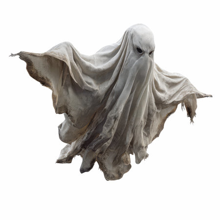 This captivating image features a ghostly figure flying through the air with angry eyes and tattered white fabric, evoking a sense of eerie mystery and supernatural dread.の写真素材