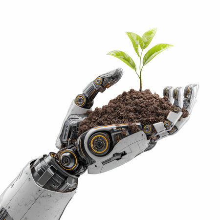 A robotic hand gently holds soil with a small plant sprouting, symbolizing the harmony between technology and nature in modern agriculture.の写真素材