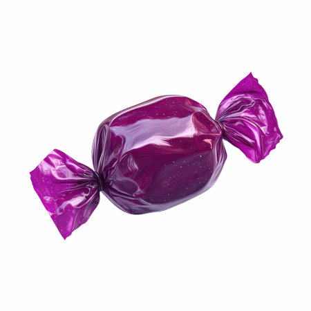 A vibrant purple candy wrapped in shiny plastic with twisted ends, perfect for adding a playful touch to sweet-themed designs and projects.の写真素材