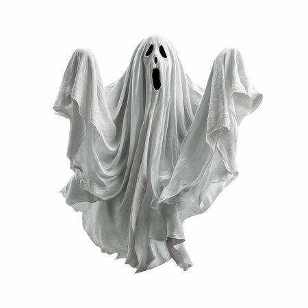This striking image features a spooky ghost floating ominously with a white sheet, displaying a terrifying expression perfect for Halloween themes.の写真素材