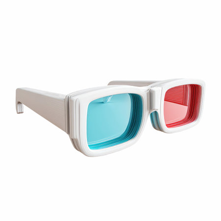 This detailed 3D render showcases classic glasses with striking red and cyan lenses, perfect for enhancing visual projects and creative designs.の写真素材