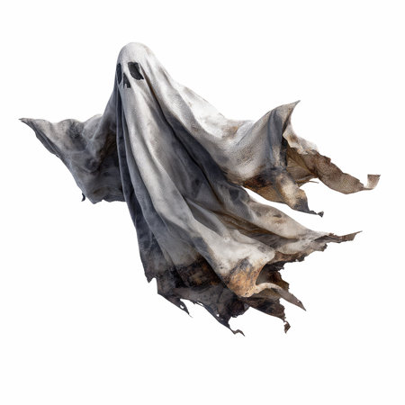 Experience the chilling presence of a flying ghost with angry eyes and tattered white fabric, evoking feelings of the supernatural and mystery.の写真素材