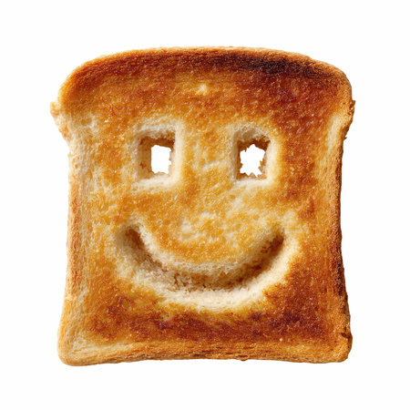 Charming slice of toasted bread featuring a cute smiley face, capturing a playful moment in food photography, perfect for lighthearted meal concepts.の写真素材