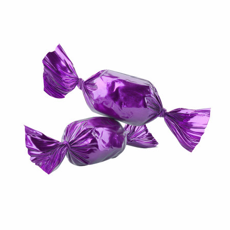 This image features two twisted ends of vibrant purple wrapped candy, perfect for adding a fun and colorful touch to any celebration or event.の写真素材