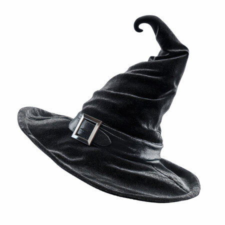 This black velvet witch hat features a unique curled tip and a wide brim, perfect for Halloween...