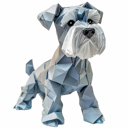 A charming white origami dog sculpture stands on a plain background, showcasing intricate geometric designs and creative craftsmanship that emphasizes modern artistic flair.の写真素材