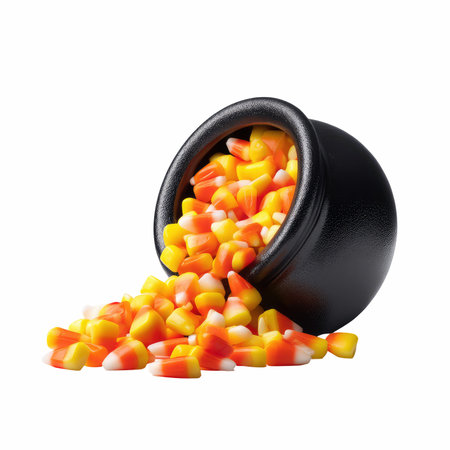 A small black cauldron tipped over, spilling vibrant candy corn for a playful Halloween scene, perfect for festive decorations and gatherings.の写真素材